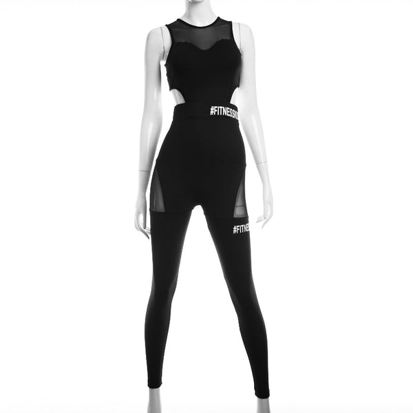 Letter Print Mesh Patchwork Fitness Jumpsuit Women Black Sleeveless Backless See Through Skinny Casual Slim Rompers Catsuit
