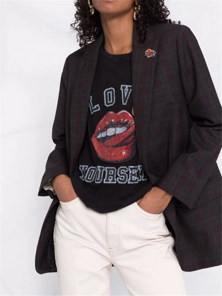 Letters Heart Decoration Women Business Blazer Coat 2022 Winter Long Sleeve Ladies Single Buttons Office Plaid Jacket Tops