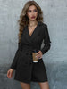 LiTi Double Breasted Belted Lapel Collar Blazer Dress V Neck Long Sleeve Jacket Coat Blazer Women Dress Blazer Suit