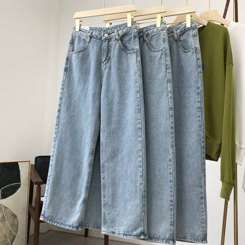 Light Blue Denim Trousers Vintage Wide Leg Pants Women Korean Straight Long Pants High Waist Casual Loose With Belt 2022 Autumn