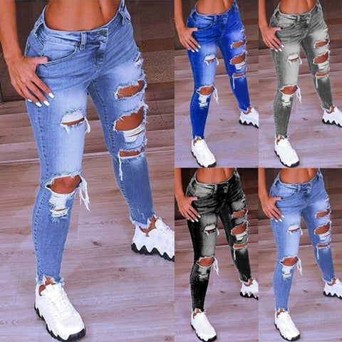Light Blue Ripped Jeans For Women 2022 Street Style Sexy Low Rise Distressed Trouser Stretch Skinny Hole Denim Pencil Pants