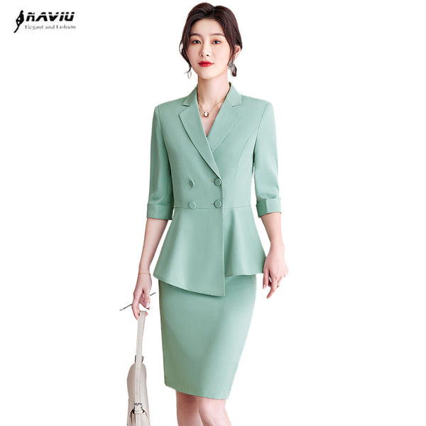 Light Green Half Sleeve Suits Women Summer Thin High End Professional Temperament Slim Blazer And Skirt Office Ladies Work Wear