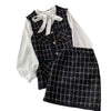 Lightly cooked small fragrant tweed V-neck vest jacket three-piece bow tie tie shirt high waist skirt
