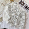Lightly cooked small fragrant tweed V-neck vest jacket three-piece bow tie tie shirt high waist skirt
