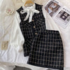 Lightly cooked small fragrant tweed V-neck vest jacket three-piece bow tie tie shirt high waist skirt