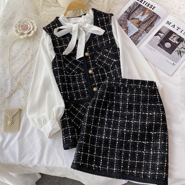 Lightly cooked small fragrant tweed V-neck vest jacket three-piece bow tie tie shirt high waist skirt