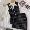 Lightly cooked small fragrant tweed V-neck vest jacket three-piece bow tie tie shirt high waist skirt