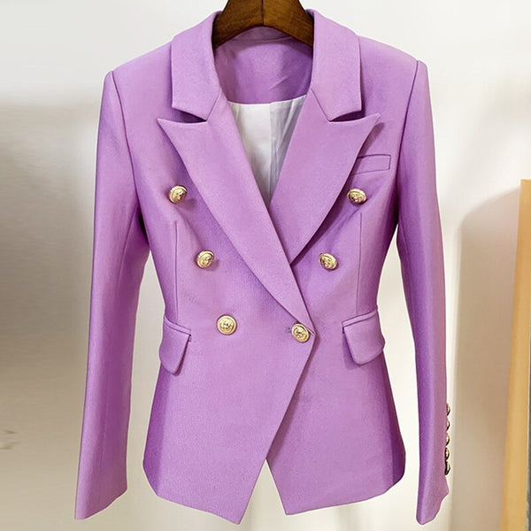 Lilac Purple Blazer Women 2023 Female Jacket Coat Double-breasted Metal Lion Buckle Slim Bead Work Suit Blazers