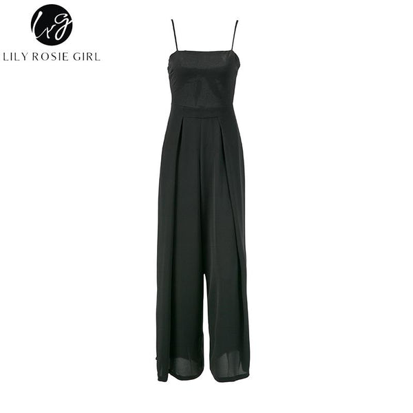 Lily Rosie Girl Backless Bow Black Sexy Jumpsuits Women Long Pants Playsuits Spaghetti Strap Casual Beach Party Rompers Overalls