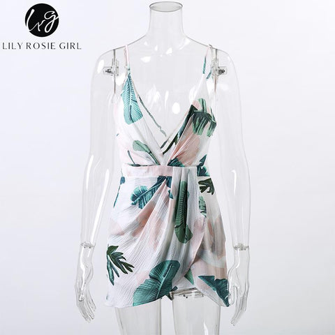 Lily Rosie Girl Deep V Neck Ruffles White Floral Print Mini Dress Summer Beach Sexy Backless Boho Short Strap Dresses Vestidos