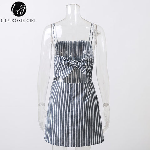 Lily Rosie Girl Gray Striped Off Shoulder Vestidos Women Backless Bow Sexy Party Dresses Summer Beach Short Slash Neck Dress