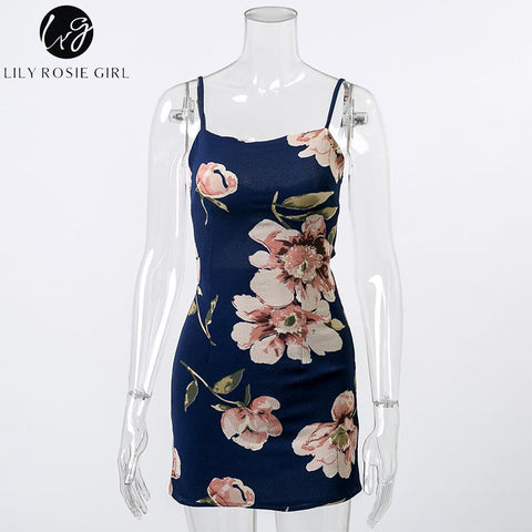 Lily Rosie Girl Off Shoulder Navy Blue Boho Floral Print Mini Dress Sexy Party Backless Bow Summer Beach Short Dresses Vestidos