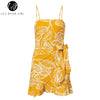 Lily Rosie Girl Print Ruffles Boho Summer Dress Spaghetti Strap Leaf White Party Dress Bow Short Sexy Women Dress Vestidos