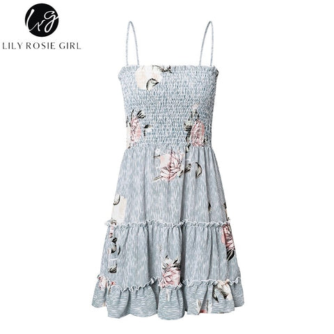 Lily Rosie Girl Print Ruffles Floral Sexy Dress Boho Women Summer Dress 2022 Strapless Spaghetti Strap Party Beach Dress Vestido