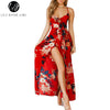 Lily Rosie Girl Red Floral Print Sexy Lace Up V Neck Women Maxi Dresses Summer Split Backless Beach Long Vestidos Boho Dress