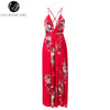 Lily Rosie Girl Sexy Split Red Print Boho Women Jumpsuits Summer Beach Floral Casual Rompers V Neck Backless Playsuits Ovaralls