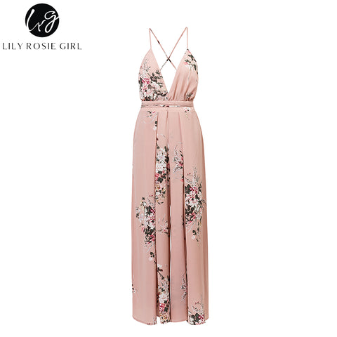 Lily Rosie Girl Sexy Split Red Print Boho Women Jumpsuits Summer Beach Floral Casual Rompers V Neck Backless Playsuits Ovaralls