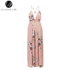Lily Rosie Girl Sexy Split Red Print Boho Women Jumpsuits Summer Beach Floral Casual Rompers V Neck Backless Playsuits Ovaralls