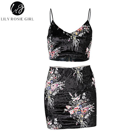 Lily Rosie Girl Sexy two-piece Suit Floral Print Dress Women V Neck Empire Back Zipper Bodycon Slim Fit Lady Party Club Dresses