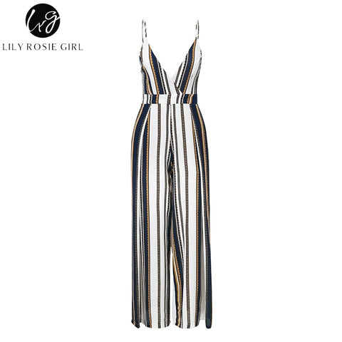 Lily Rosie Girl Spaghetti Strap Chiffon Summer Jumpsuit Striped Bow Women Jumpsuit Rompers Deep V Neck Backless Sexy Jumpsuit