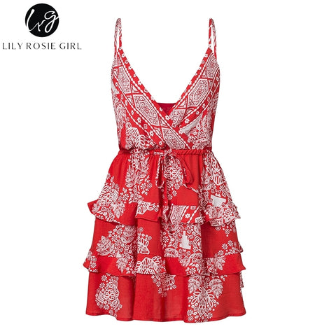 Lily Rosie Girl Spaghetti Strap Print Summer Beach Dress Deep V Neck Short Sexy Women Dress Strapless Ruffles Party Casual Dress