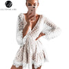 Lily Rosie Girl White Lace Dot Women Mini Dresses 2022 Summer Sexy V Neck Party Beach Mesh Dress Backless Flare Sleeve Vestidos