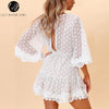 Lily Rosie Girl White Lace Dot Women Mini Dresses 2022 Summer Sexy V Neck Party Beach Mesh Dress Backless Flare Sleeve Vestidos