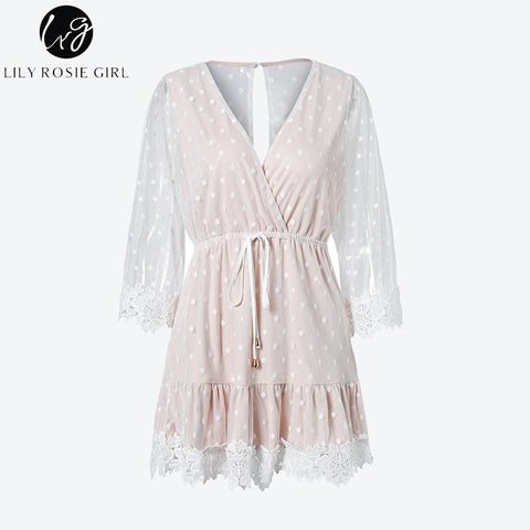 Lily Rosie Girl White Lace Dot Women Mini Dresses 2022 Summer Sexy V Neck Party Beach Mesh Dress Backless Flare Sleeve Vestidos