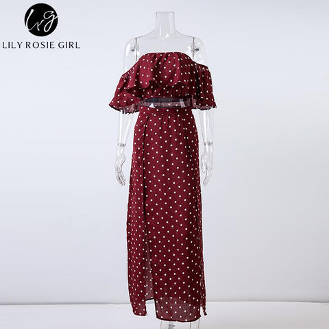 Lily Rosie Girl Women 2022 Off Shoulder Red Vintage Dot Long Dress Summer Maxi Dress Chiffon Ruffle Sexy Beach Dresses Vestidos