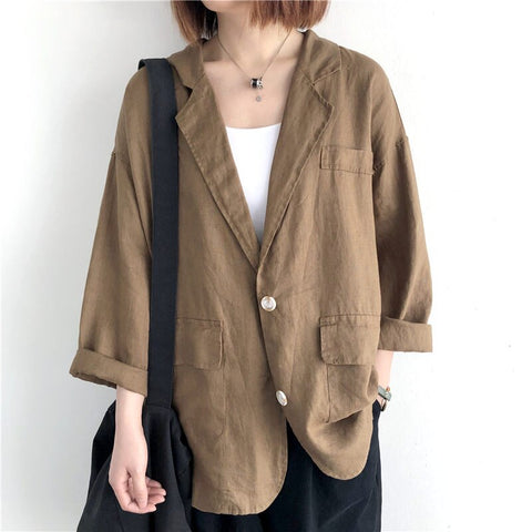 Linen Suit Jacket Women's Spring And Autumn Loose Large Size All-Match Mid-Length Casual Shirt Blazer Retro Long Sleeve Top H086