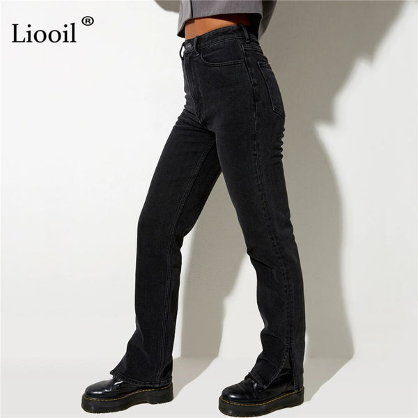 Liooil Boyfriend Slit High Waisted Jeans Women Streetwear Straight Leg Black Skinny Jeans Pants Fall 2022 Casual Denim Trousers