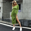 Liooil Cotton Bodycon Slit Dress For Women Spring 2022 Streetwear Long Sleeve O Neck Emerald Green Stretchy Sexy Midi Dresses