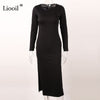 Liooil Cotton Bodycon Slit Dress For Women Spring 2022 Streetwear Long Sleeve O Neck Emerald Green Stretchy Sexy Midi Dresses