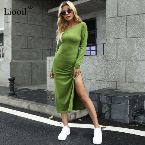 Liooil Cotton Bodycon Slit Dress For Women Spring 2022 Streetwear Long Sleeve O Neck Emerald Green Stretchy Sexy Midi Dresses