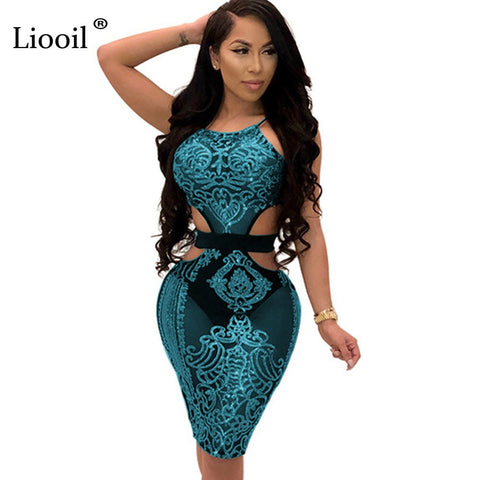 Sexy Mesh See Through Sequin Halter Mini Dress Women Hollow Out Lace Up Sleeveless Backless Bodycon Club Short Dresses