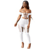 Summer Two Piece Bodycon Jumpsuit Sexy Lace Up Off Shoulder Hollow Out Women Rompers Black Short Sleeve Skinny Club Wear