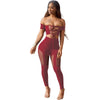 Summer Two Piece Bodycon Jumpsuit Sexy Lace Up Off Shoulder Hollow Out Women Rompers Black Short Sleeve Skinny Club Wear