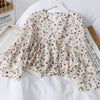 Liva Girl Korean Retro Blouse Floral v-Neck Shirt Trumpet Sleeves Small Fresh Long-Sleeved Chiffon Camisa Top l Vetements Femmes