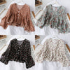 Liva Girl Korean Retro Blouse Floral v-Neck Shirt Trumpet Sleeves Small Fresh Long-Sleeved Chiffon Camisa Top l Vetements Femmes