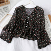 Liva Girl Korean Retro Blouse Floral v-Neck Shirt Trumpet Sleeves Small Fresh Long-Sleeved Chiffon Camisa Top l Vetements Femmes