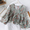 Liva Girl Korean Retro Blouse Floral v-Neck Shirt Trumpet Sleeves Small Fresh Long-Sleeved Chiffon Camisa Top l Vetements Femmes