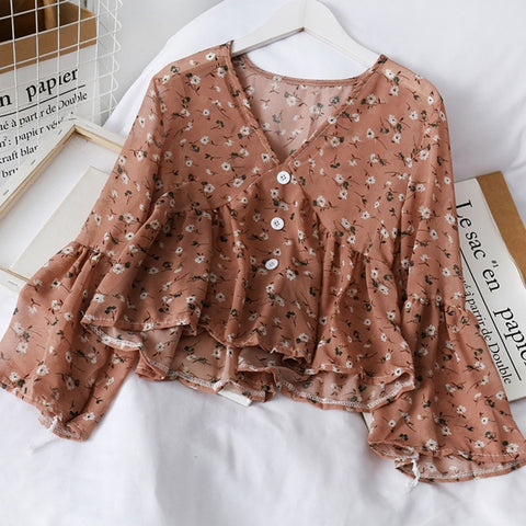 Liva Girl Korean Retro Blouse Floral v-Neck Shirt Trumpet Sleeves Small Fresh Long-Sleeved Chiffon Camisa Top l Vetements Femmes