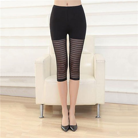 New Soft Comfy Sexy Lace Mesh Leggings Hollow Out Black Mid-Calf Leggings Women Clothings Stretch Skinny Half Pants