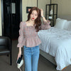 Liva Girl Retro Shirt Women Square Collar Blouse Plaid Printed Flare Sleeves Slim Waist All-Match Picture Color 2xl Camisa