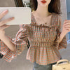 Liva Girl Retro Shirt Women Square Collar Blouse Plaid Printed Flare Sleeves Slim Waist All-Match Picture Color 2xl Camisa