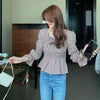 Liva Girl Retro Shirt Women Square Collar Blouse Plaid Printed Flare Sleeves Slim Waist All-Match Picture Color 2xl Camisa