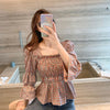 Liva Girl Retro Shirt Women Square Collar Blouse Plaid Printed Flare Sleeves Slim Waist All-Match Picture Color 2xl Camisa