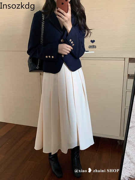 Lnsozkdg 2 Piece Sets Women All-match Cropped Notched Blazer Solid Pleated Simple Cozy Elegant OL Autumn Ulzzang Y2k