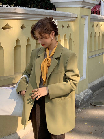 Lnsozkdg 2023 Spring Autumn Women Blazer Loose Vintage Solid Single Breasted Suit Top Elegant Casual Coat Blazer Women Harajuku