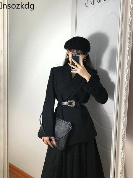 Lnsozkdg Elegant 2023 Spring Autumn Women's Business Blazer Top+Tulle Slit Skirt Female Casual Solid Two Pieces Sets